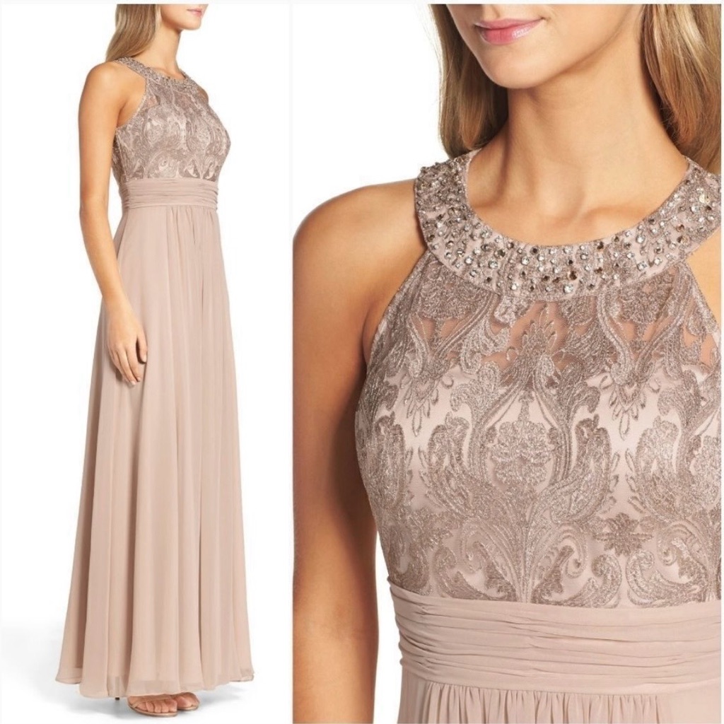 Eliza J Lace Bodice Chiffon Gown Beige. Size 4